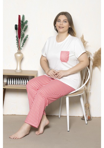 Büyük Beden Nar Çiçeği Renkli Çizgili Kısa Kollu Battal Pijama Takımı B-21 fırsatları