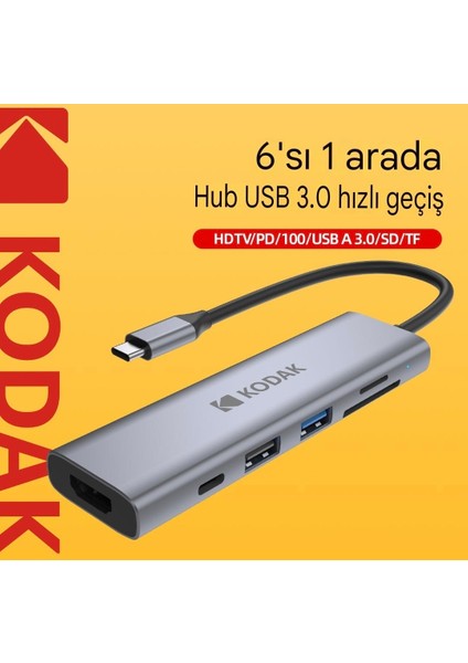 6'ın 1'i Hub Çoklayıcı CE Lisanslı HDMI 4K 30Hz/Pd 100W Type-C/Tf Kart/Sd Kart/Usb 3.0/Usb 2.0/ Laptop/Macbook/ Cep Telefonu Bilgisayar Tablet Hızlı Son Nesil Yeni Teknoloji Metal Sağlam Orjinal