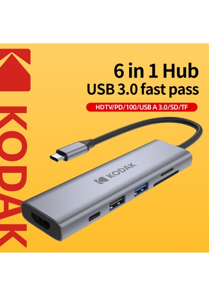 6'ın 1'i Hub Çoklayıcı CE Lisanslı HDMI 4K 30Hz/Pd 100W Type-C/Tf Kart/Sd Kart/Usb 3.0/Usb 2.0/ Laptop/Macbook/ Cep Telefonu Bilgisayar Tablet Hızlı Son Nesil Yeni Teknoloji Metal Sağlam Orjinal