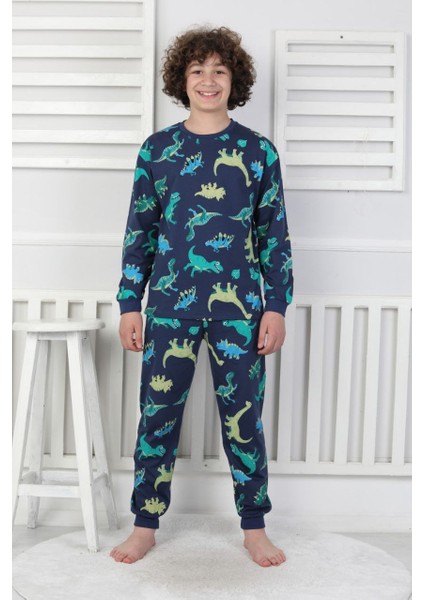 Erkek Çocuk Dinozor Desenli Pijama Takımı %100 Pamuk Penye 3-13 Yaş Uzun Kollu