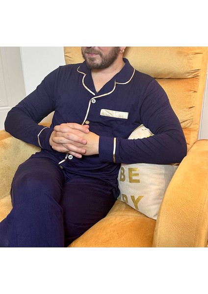 Erkek Lacivert Uzun Kollu Gold Biyeli Mikro Modal Pijama Takımı