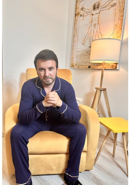 Erkek Lacivert Uzun Kollu Gold Biyeli Mikro Modal Pijama Takımı