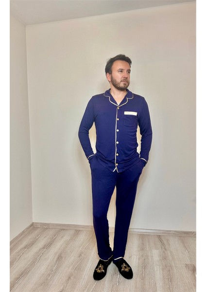 Erkek Lacivert Uzun Kollu Gold Biyeli Mikro Modal Pijama Takımı