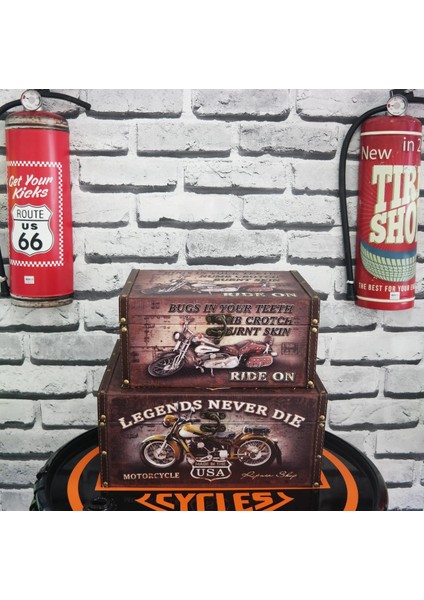 Ahşap Kutu Motorcycle 2'li Set Ofis Hobi Hediyelik Depolama Sandık Ev 35X25X16CM-30X20X14CM