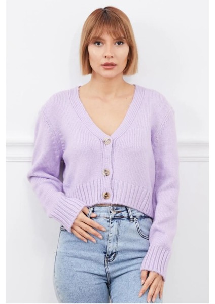 V Yaka Örgü Crop Hırka Kısa Standart Beden 3 Düğmeli