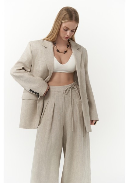 Dapper Ip Detay Keten Palazzo Naturel Pantolon