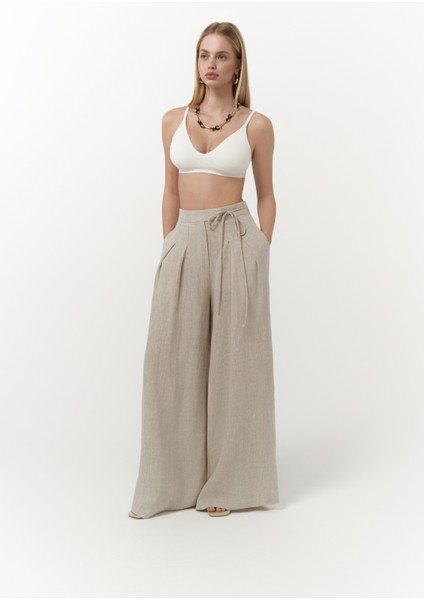 Dapper Ip Detay Keten Palazzo Naturel Pantolon