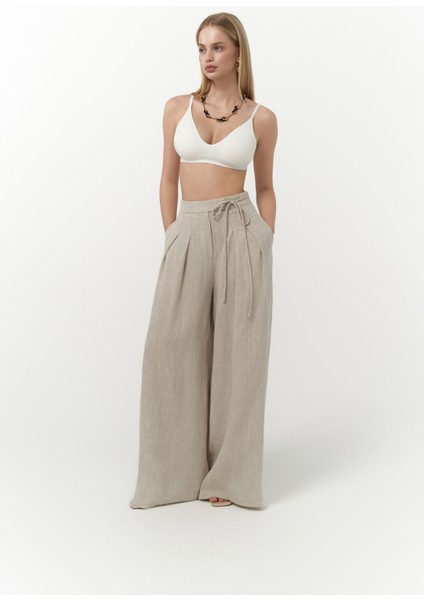 Dapper Ip Detay Keten Palazzo Naturel Pantolon