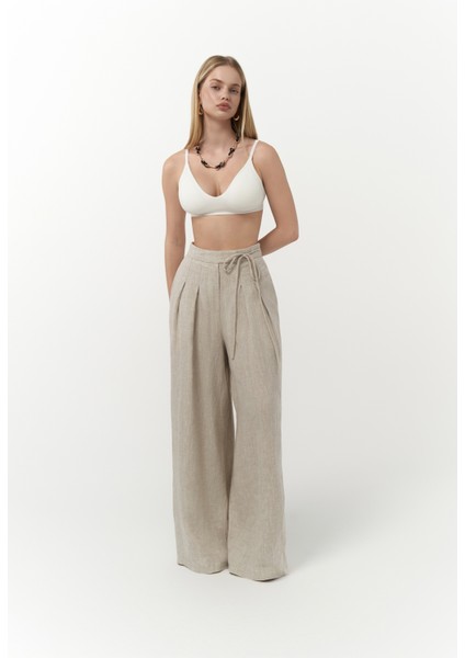 Dapper Ip Detay Keten Palazzo Naturel Pantolon