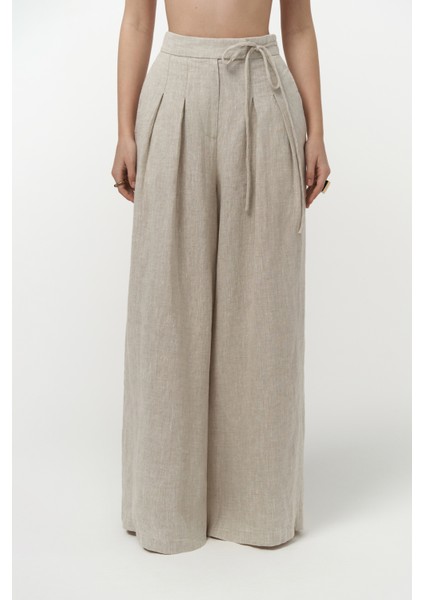 Dapper Ip Detay Keten Palazzo Naturel Pantolon