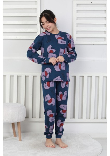 Kız Çocuk Kalp Desenli Pijama Takımı %100 Pamuk Penye 3-13 Yaş Uzun Kollu