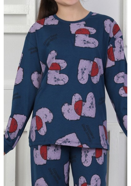 Kız Çocuk Kalp Desenli Pijama Takımı %100 Pamuk Penye 3-13 Yaş Uzun Kollu modelleri