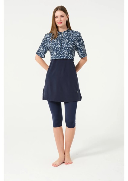 Sporcu Likra Kumaş Hızlı Kuruyan Yarım Fermuarlı Kısa Kollu Taytlı Kadın Mayo 3409