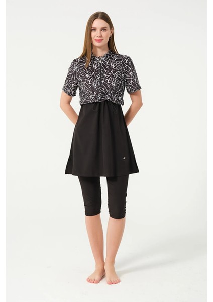 Sporcu Likra Kumaş Hızlı Kuruyan Yarım Fermuarlı Kısa Kollu Taytlı Kadın Mayo 3409