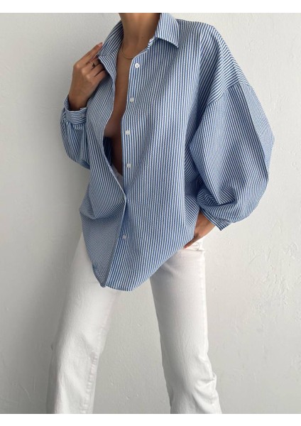 Kadın Balon Kol Çizgili Gömlek