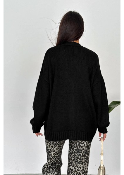 Düşük Omuz Oversize 5 Düğmeli Triko Cepli Hırka