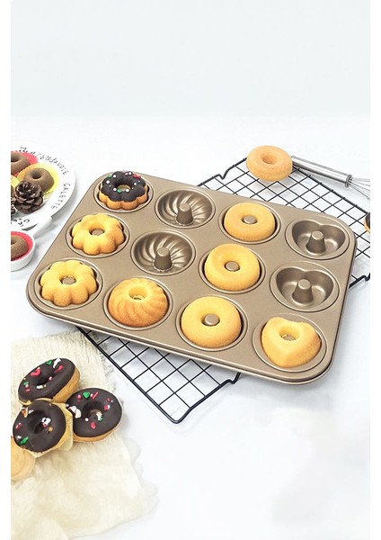 Karbon Çelik 12 Li Çiçek Kalp Şekil Donut Kek Pişirme Kalıbı MT123