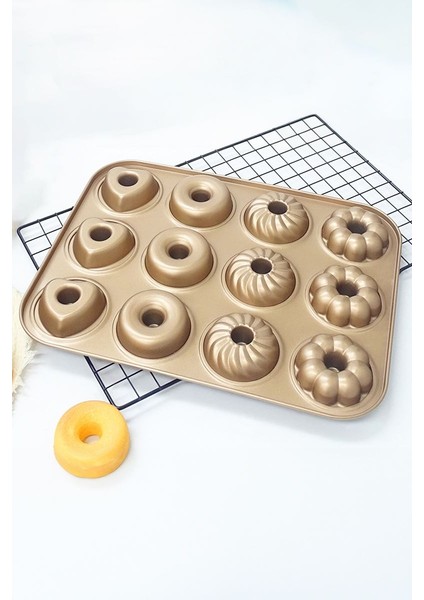 Karbon Çelik 12 Li Çiçek Kalp Şekil Donut Kek Pişirme Kalıbı MT123