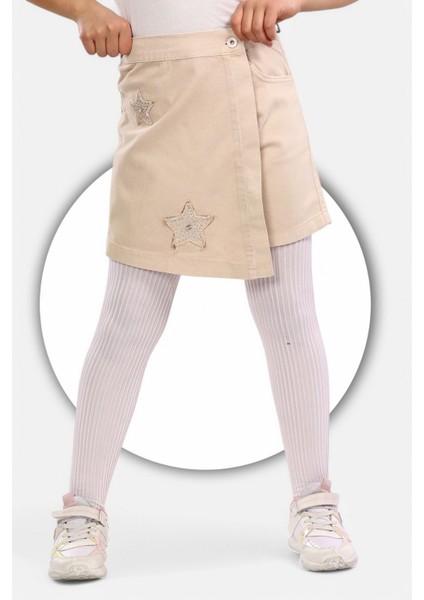 % 100 Pamuk-Yıldız Nakışlı-Taş Süslemeli-Yarım Lastikli-Kız Çocuğu-Etekli Şort