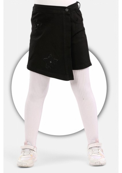 % 100 Pamuk-Yıldız Nakışlı-Taş Süslemeli-Yarım Lastikli-Kız Çocuğu-Etekli Şort