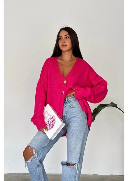 Düşük Omuz Oversize 5 Düğmeli Triko Cepli Hırka