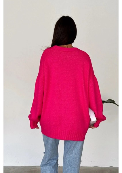 Düşük Omuz Oversize 5 Düğmeli Triko Cepli Hırka