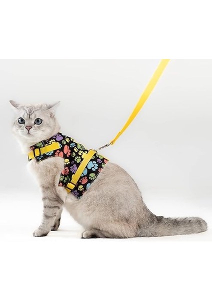Kaçış Önleyici Kedi Gezdirme Tasması ve Küçük Irk Köpek Gezdirme Tasması (S, Sarı Patili)