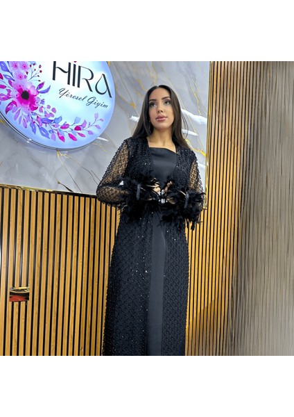 Içi Saten Dışı Taşlı Boncuklu Işleme Kol Detay Kuş Tüyü
