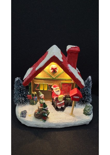 Yılbaşı Süs Işıklı Poliserin 13X11X7CM Wireless Noel Baba Ev Çam Ağaç Biblo Tuşlu 1 Adet