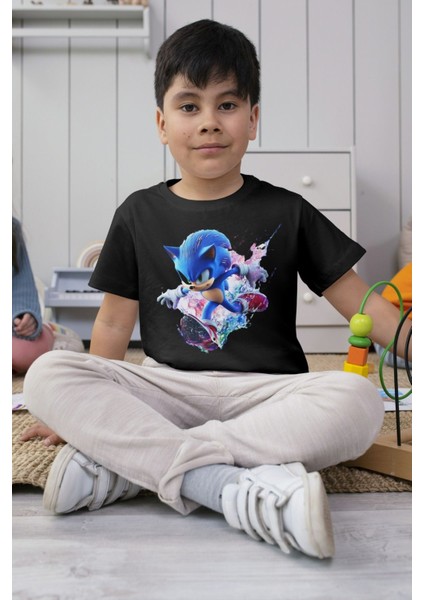 Sonic Tshirt Siyah Pamuklu Kompak Penye Tişört