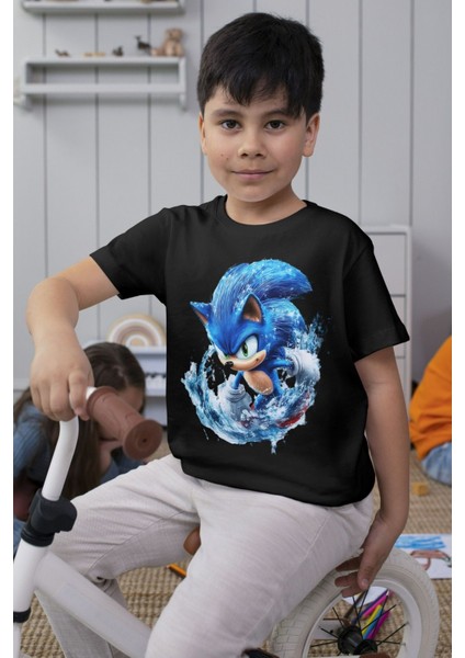 Sonic Tişört Siyah Çocuk Tshirt Unisex Kesimli