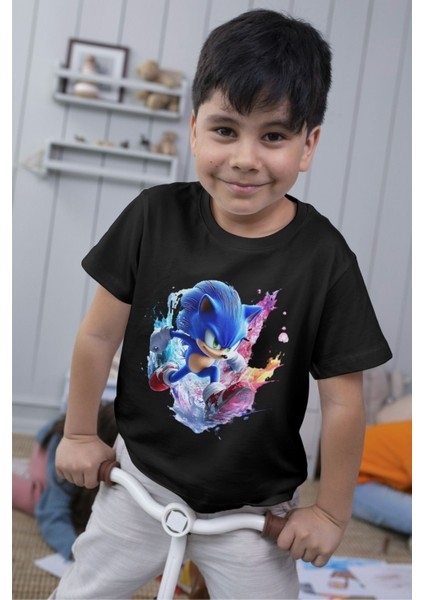 Sonic Tshirt Siyah Çocuk Tshirt Unisex Kesimli