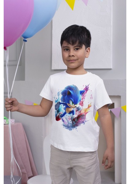 Sonic Tshirt Beyaz Çocuk Tshirt Unisex Kesimli