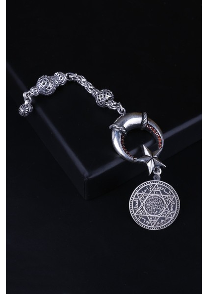 925 Ayar Gümüş Özel Seri Taşlı Ay-Yıldız Tasarım Süleyman Mührü Uçlu Tesbih Püskülü