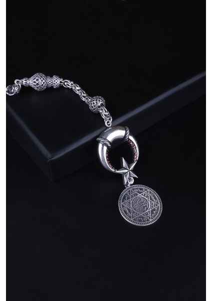 925 Ayar Gümüş Özel Seri Taşlı Ay-Yıldız Tasarım Süleyman Mührü Uçlu Tesbih Püskülü fiyatları