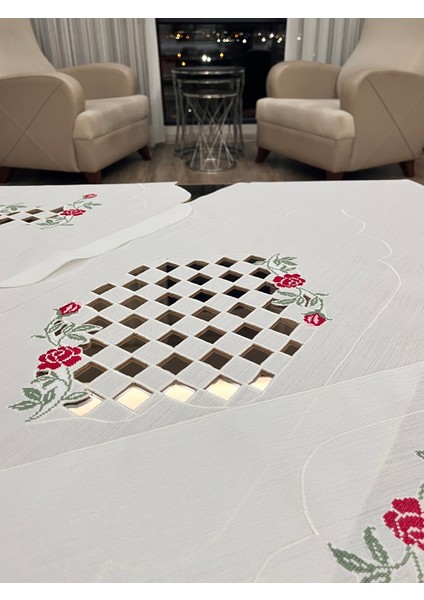 Keten, Kanaviçe Işleme, Oymalı,krem Renk,salon Takımı, Çeyiz Seti, Salon Runner