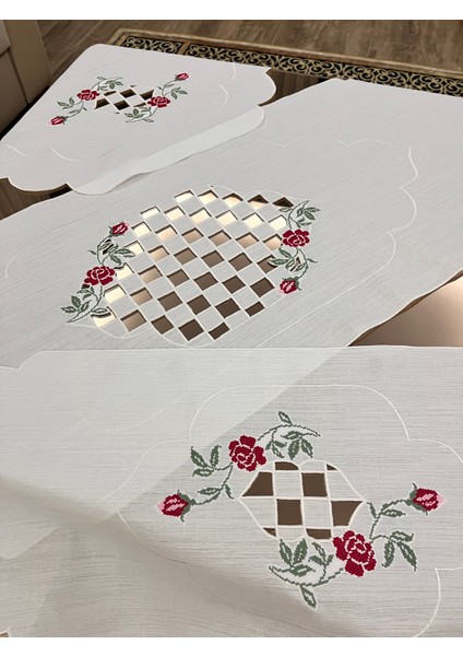 Keten, Kanaviçe Işleme, Oymalı,krem Renk,salon Takımı, Çeyiz Seti, Salon Runner fırsatları