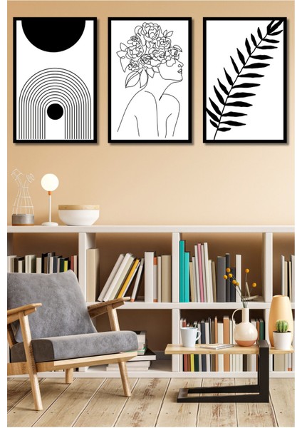 3 Parça Siyah Çerçeve Görünümlü Minimalist Tablo Seti
