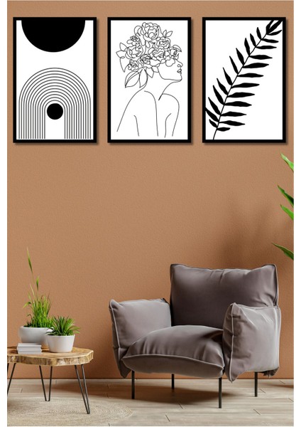 3 Parça Siyah Çerçeve Görünümlü Minimalist Tablo Seti