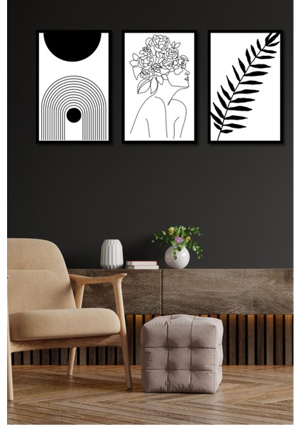3 Parça Siyah Çerçeve Görünümlü Minimalist Tablo Seti