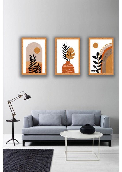 Minimal Tropikal Çizimli 3 Parça Tablo Seti Ahşap Mdf Üzeri Uv Baskı Çerçeve Görünümlü