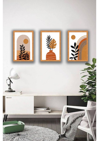 Minimal Tropikal Çizimli 3 Parça Tablo Seti Ahşap Mdf Üzeri Uv Baskı Çerçeve Görünümlü