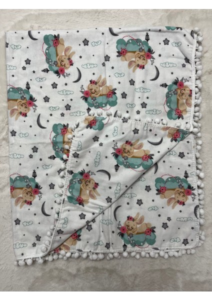 Yeşil Bulut Üstüne Uyuyan Tavşan Ponponlu Çift Kat Pazen Örtü 100*120CM