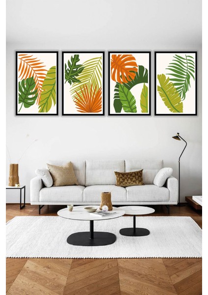 Modern Boho Yapraklı Dekoratif Salon Tablosu Çerçeve Görünümlü 4 Parça Ahşap Mdf Üzeri Uv Baskı