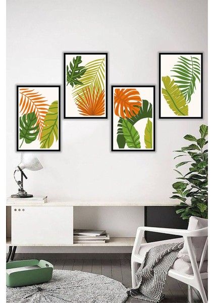 Modern Boho Yapraklı Dekoratif Salon Tablosu Çerçeve Görünümlü 4 Parça Ahşap Mdf Üzeri Uv Baskı
