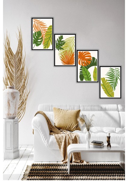 Modern Boho Yapraklı Dekoratif Salon Tablosu Çerçeve Görünümlü 4 Parça Ahşap Mdf Üzeri Uv Baskı
