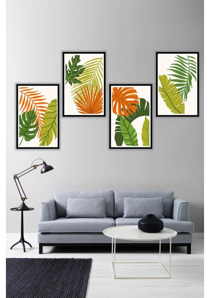 Modern Boho Yapraklı Dekoratif Salon Tablosu Çerçeve Görünümlü 4 Parça Ahşap Mdf Üzeri Uv Baskı
