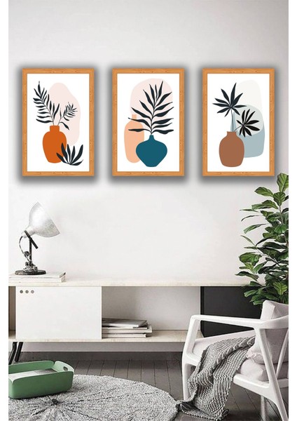 Minimalist Vazo ve Bitki Tablosu 3 Parça Ahşap Mdf Uv Baskı Çerçeve Görünümlü