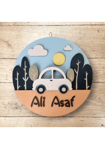 Isme Özel Araba Figürlü Hediyelik Bebek Ahşap Kapı Süsü