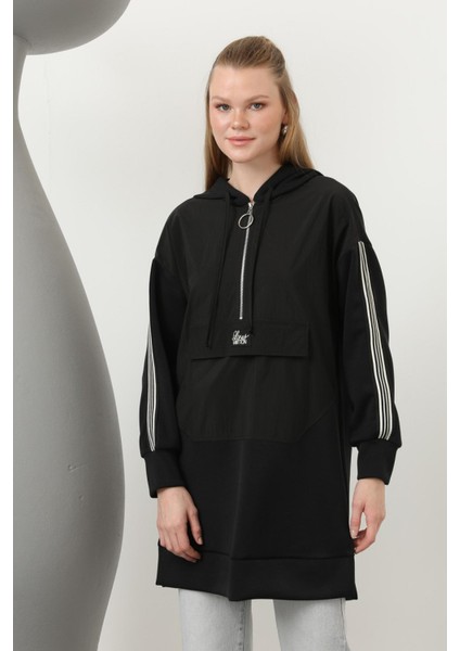 10610 Kadın Önü Fermuar Detaylı Kapişonlu Tunik